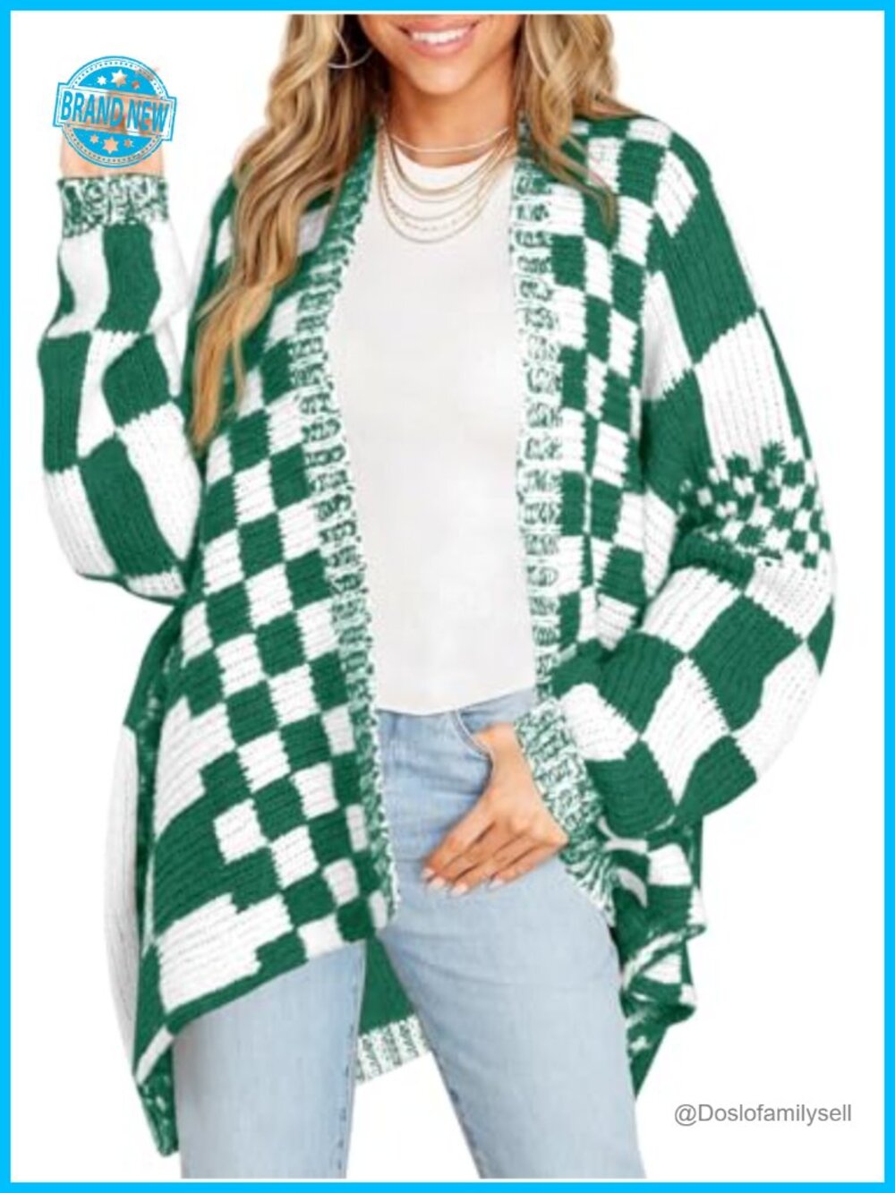 Oversized Checkered Cardigan Sweater 100% Polyester